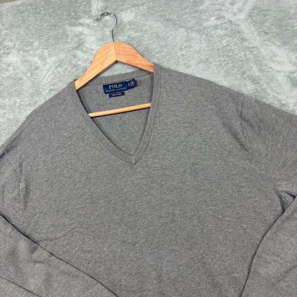 Polo Ralph Lauren V-Neck Sweater Mens XL Gray Pima Cotton Embroidered Pony